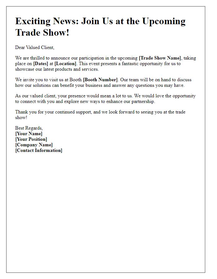 Letter template of trade show participation announcement for clients.