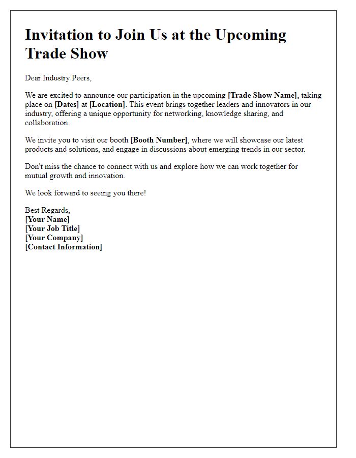 Letter template of trade show participation announcement for industry peers.