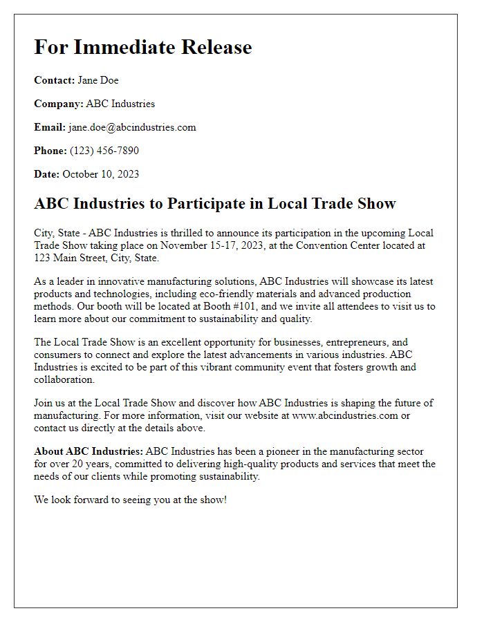 Letter template of trade show participation announcement for local media.