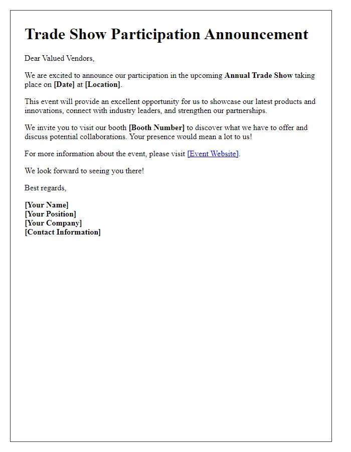 Letter template of trade show participation announcement for vendors.