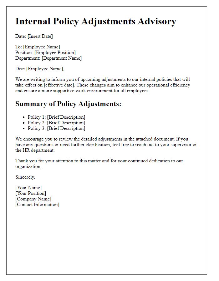 Letter template of internal policy adjustments advisory