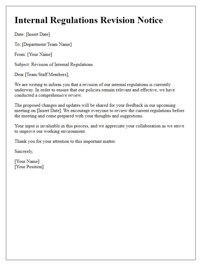 Letter template of internal regulations revision notice