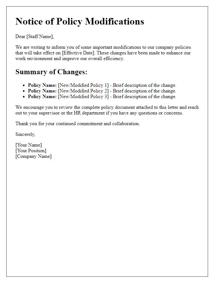 Letter template of policy modifications for staff