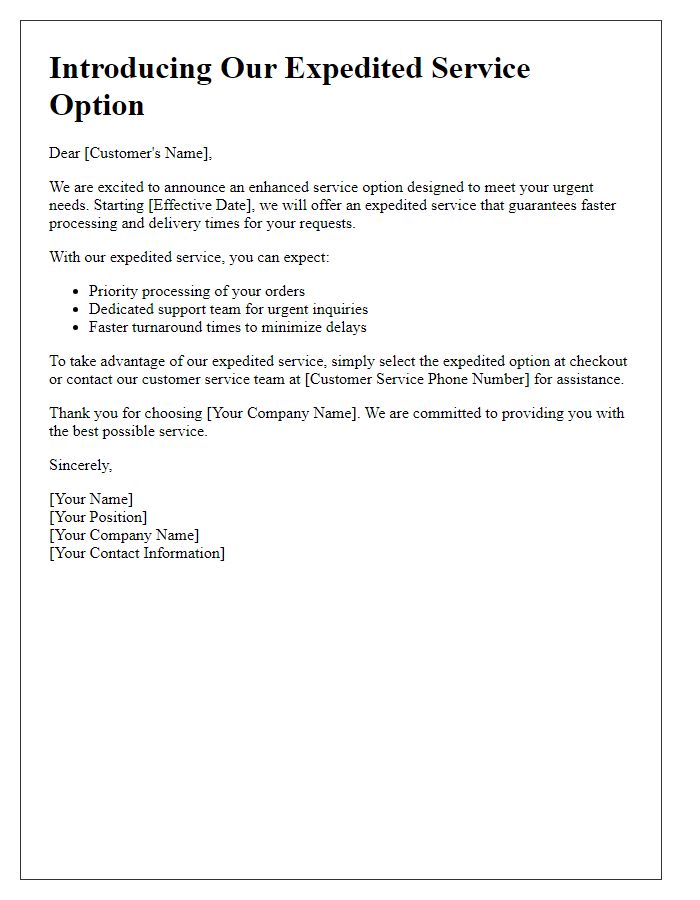 Letter template of introducing expedited service option