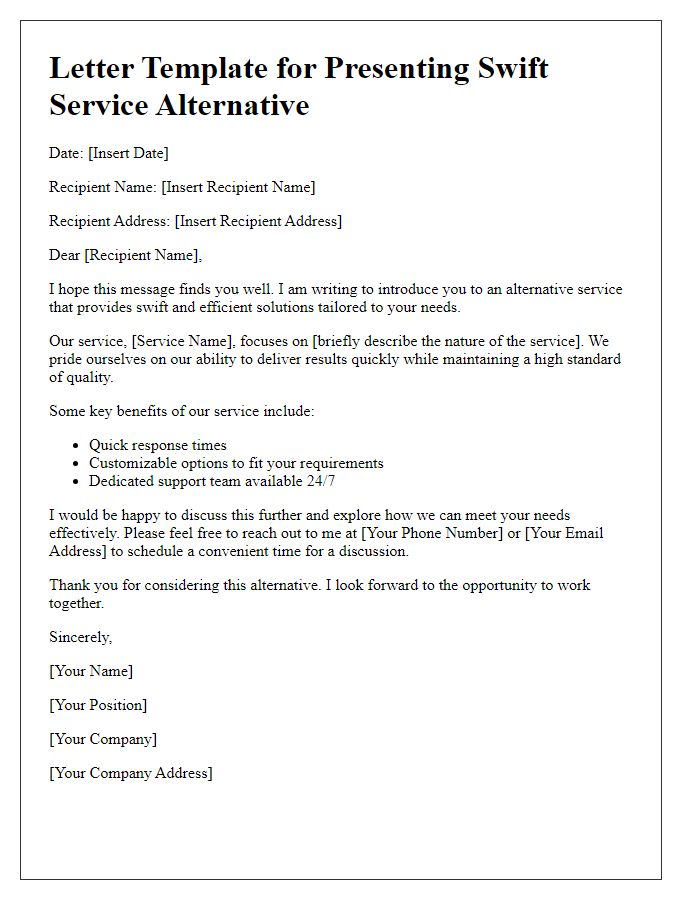 Letter template of presenting swift service alternative