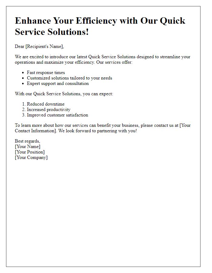 Letter template of promoting quick service solution