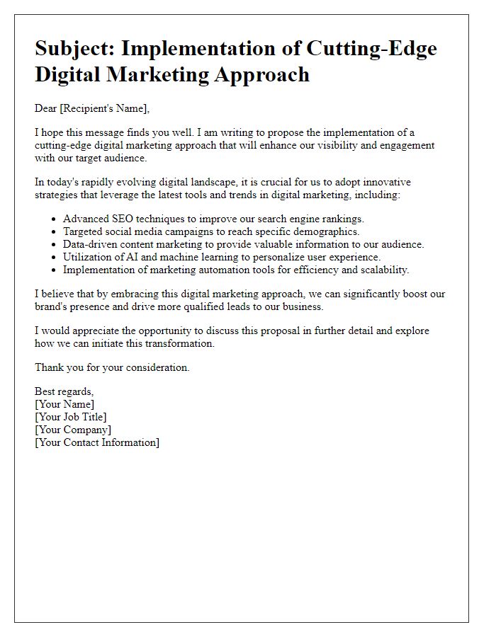 Letter template of implementing a cutting-edge digital marketing approach.