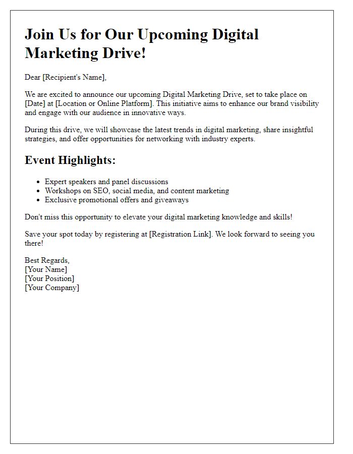 Letter template of promoting our upcoming digital marketing drive.