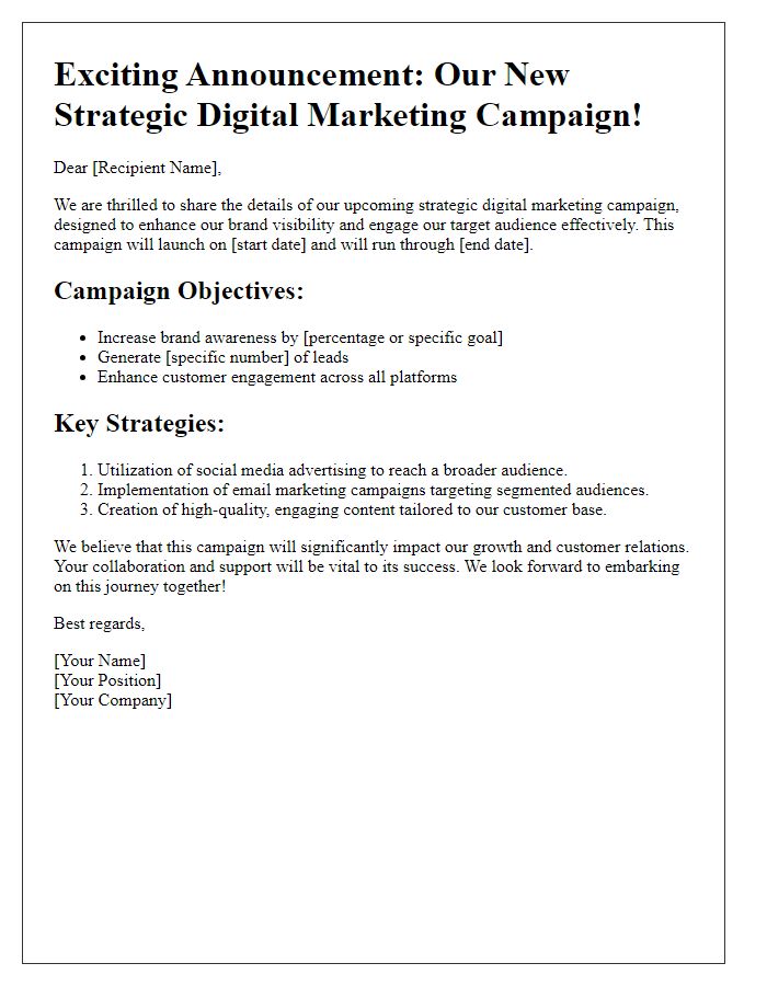 Letter template of revealing our strategic digital marketing campaign.