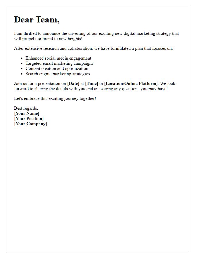 Letter template of unveiling an exciting digital marketing strategy.