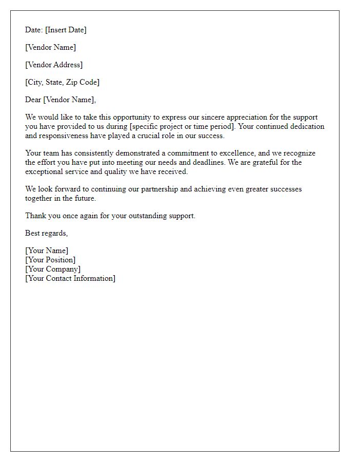 Letter template of Acknowledgment for Vendor Support