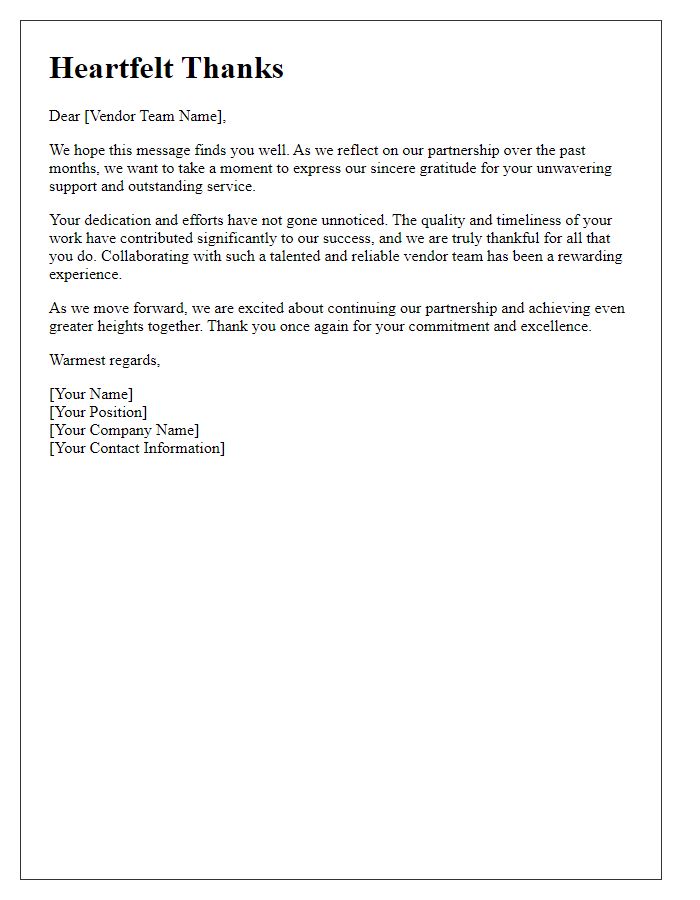 Letter template of Heartfelt Thanks to Our Vendor Team