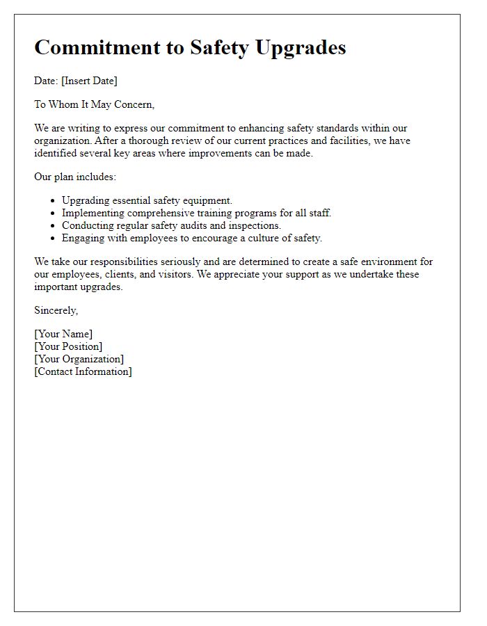 Letter template of commitment to safety upgrades statement