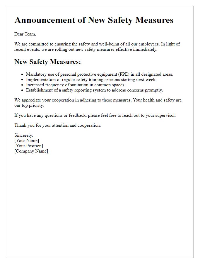 Letter template of new safety measures rollout