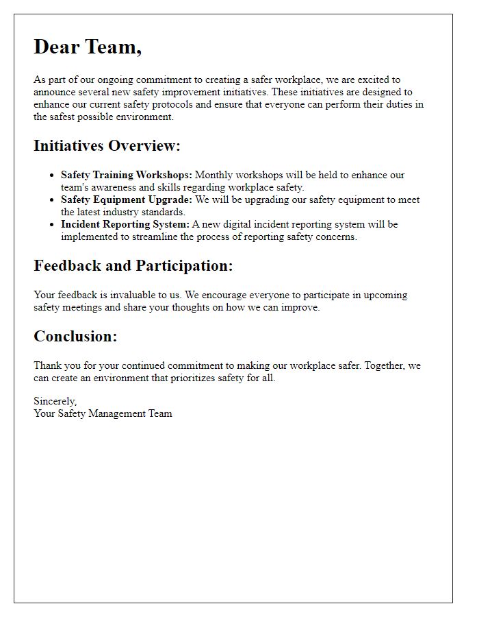 Letter template of safety improvement initiatives communication