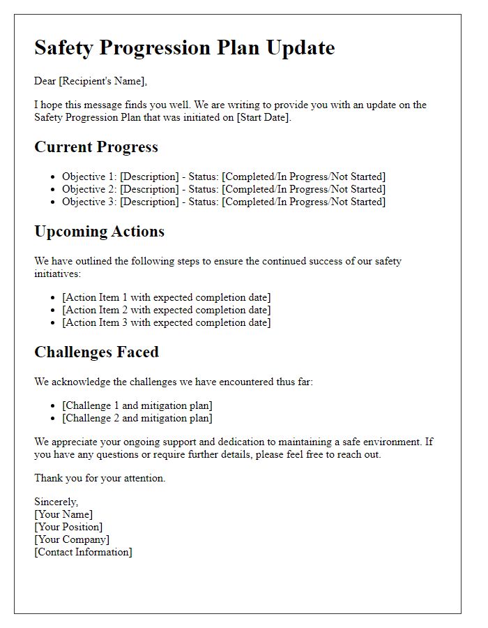 Letter template of safety progression plan update