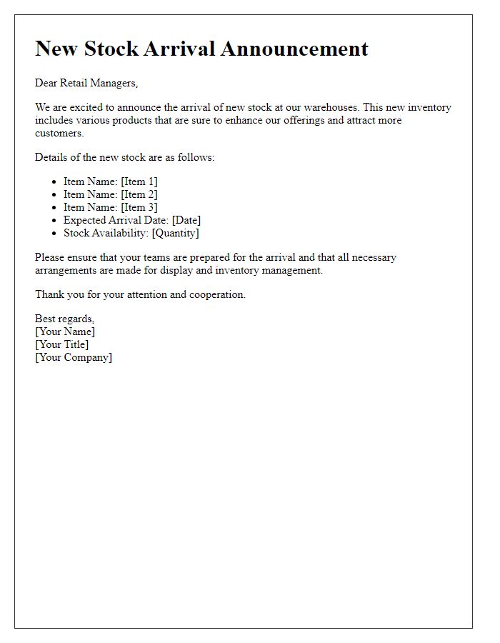 Letter template of new stock arrival announcement for retail managers.