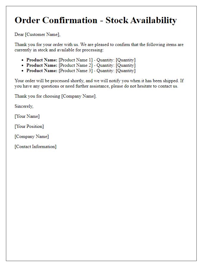 Letter template of stock availability confirmation for order processing.