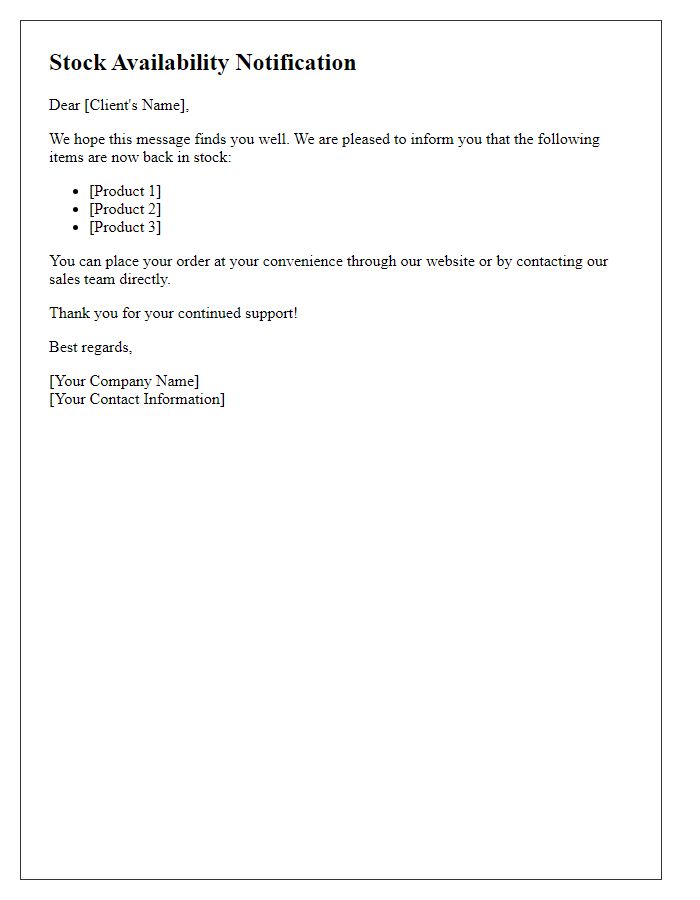 Letter template of stock availability notification for clients.