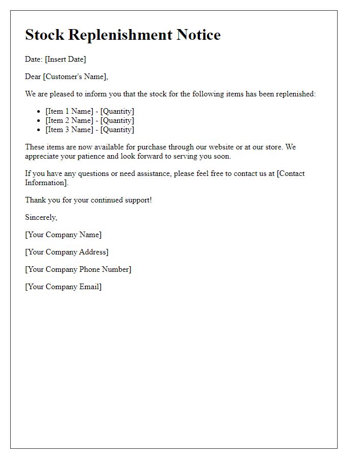 Letter template of stock replenishment notice for customers.