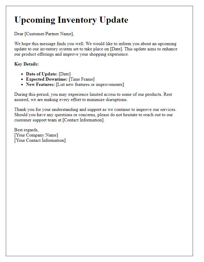 Letter template of upcoming inventory update for e-commerce platforms.