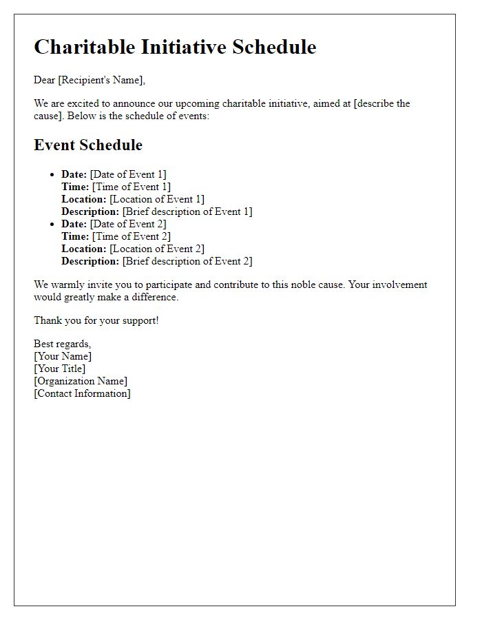 Letter template of charitable initiative schedule