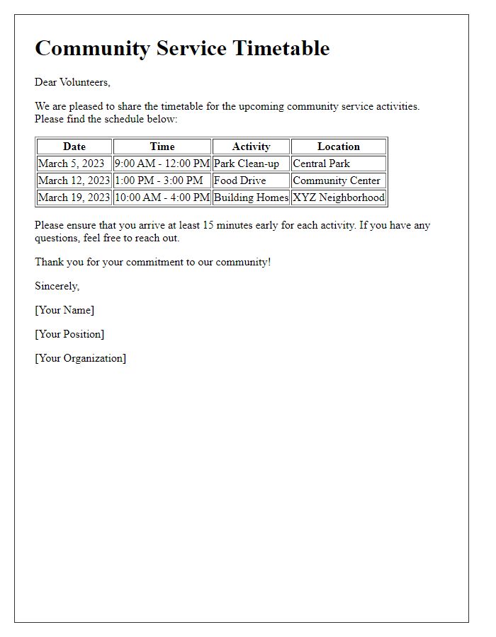 Letter template of community service timetable distribution