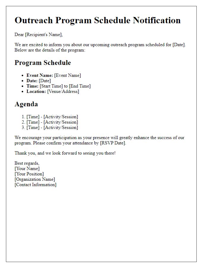 Letter template of outreach program schedule notification