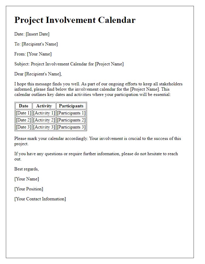 Letter template of project involvement calendar