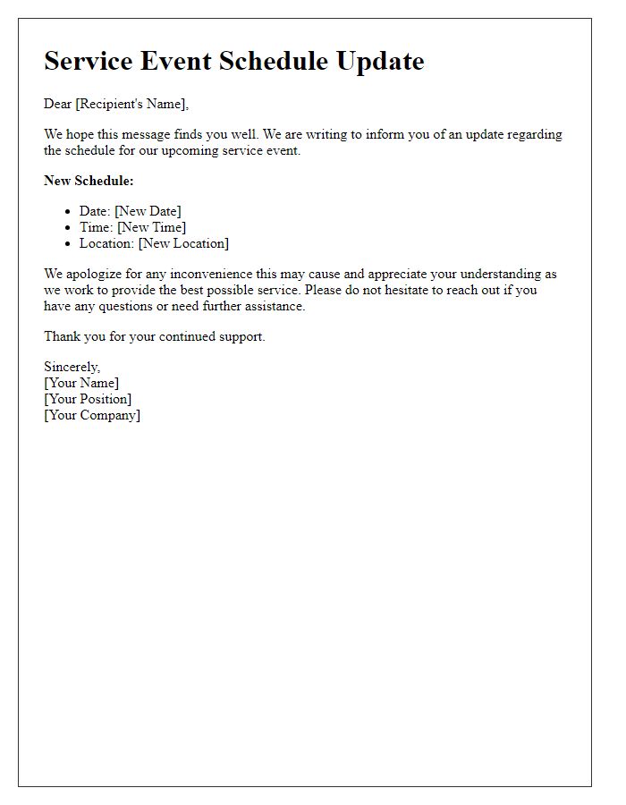 Letter template of service event schedule update