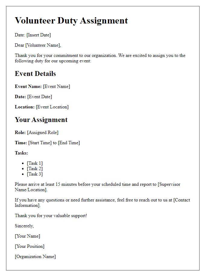 Letter template of volunteer duty assignments