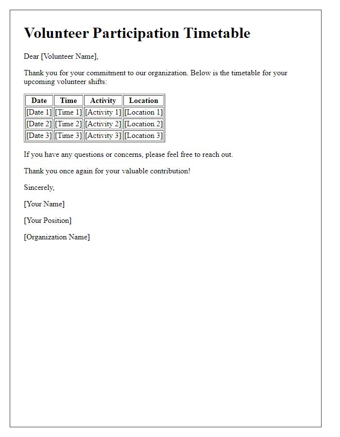 Letter template of volunteer participation timetable