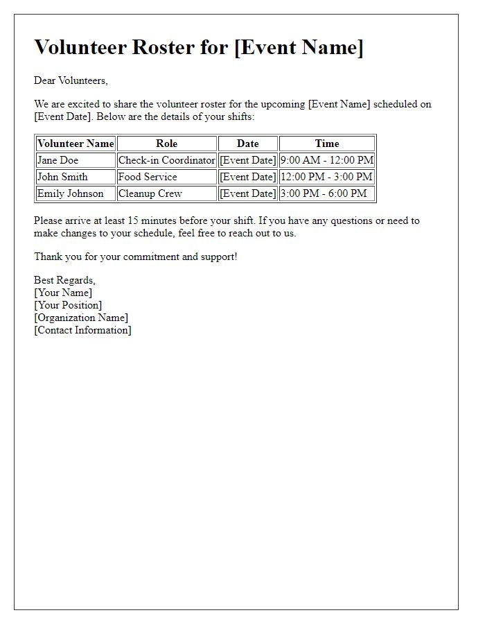 Letter template of volunteer roster sharing