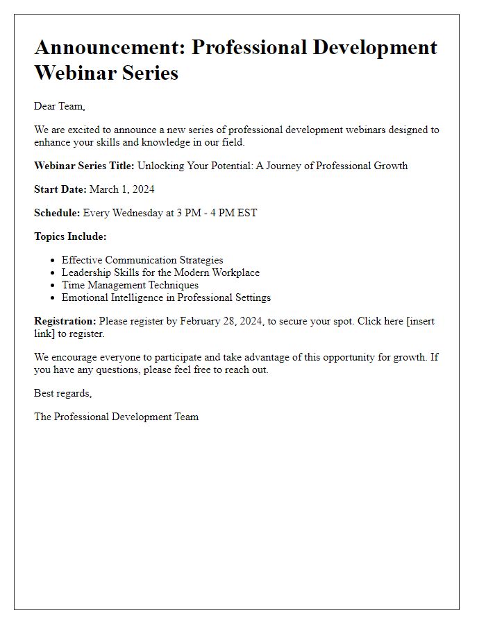 Letter template of announcement for a professional development webinar series.