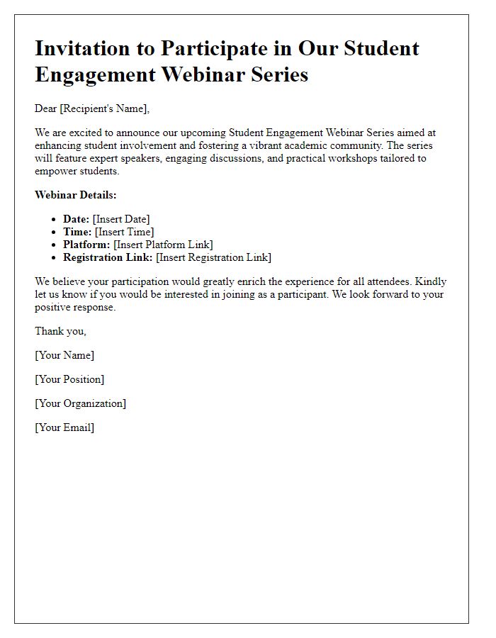 Letter template of outreach for student engagement webinar series.