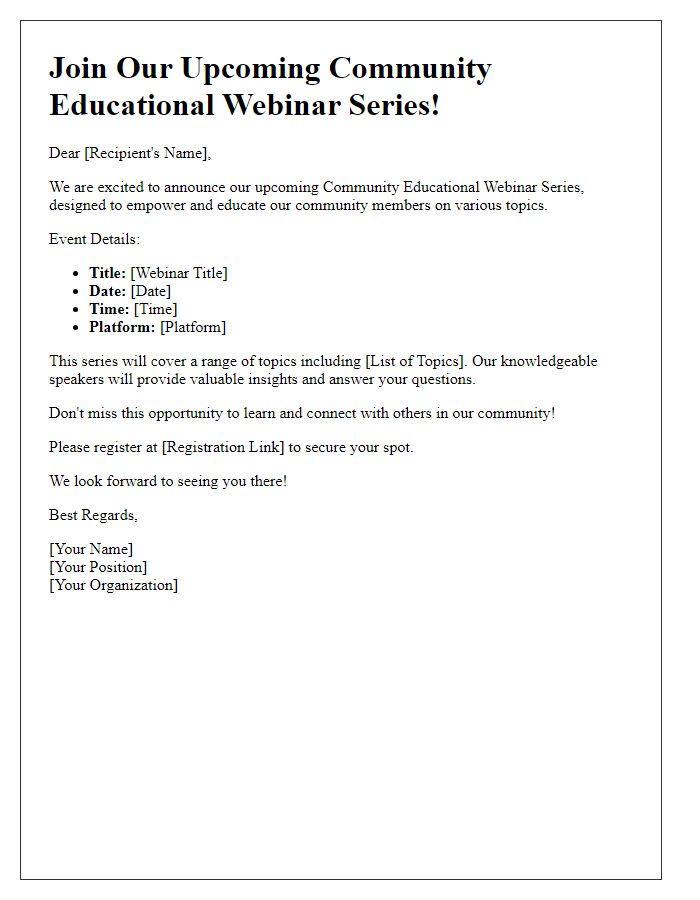 Letter template of promotion for a community educational webinar series.