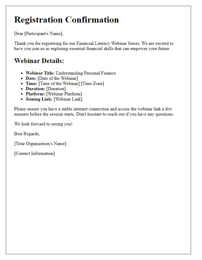 Letter template of registration information for a financial literacy webinar series.