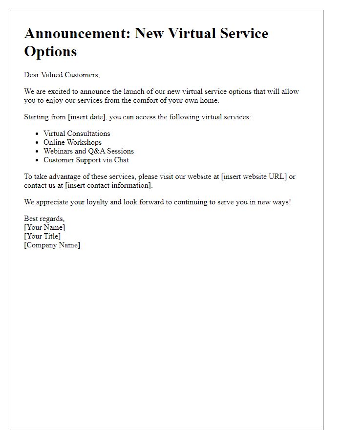 Letter template of announcement for new virtual service options