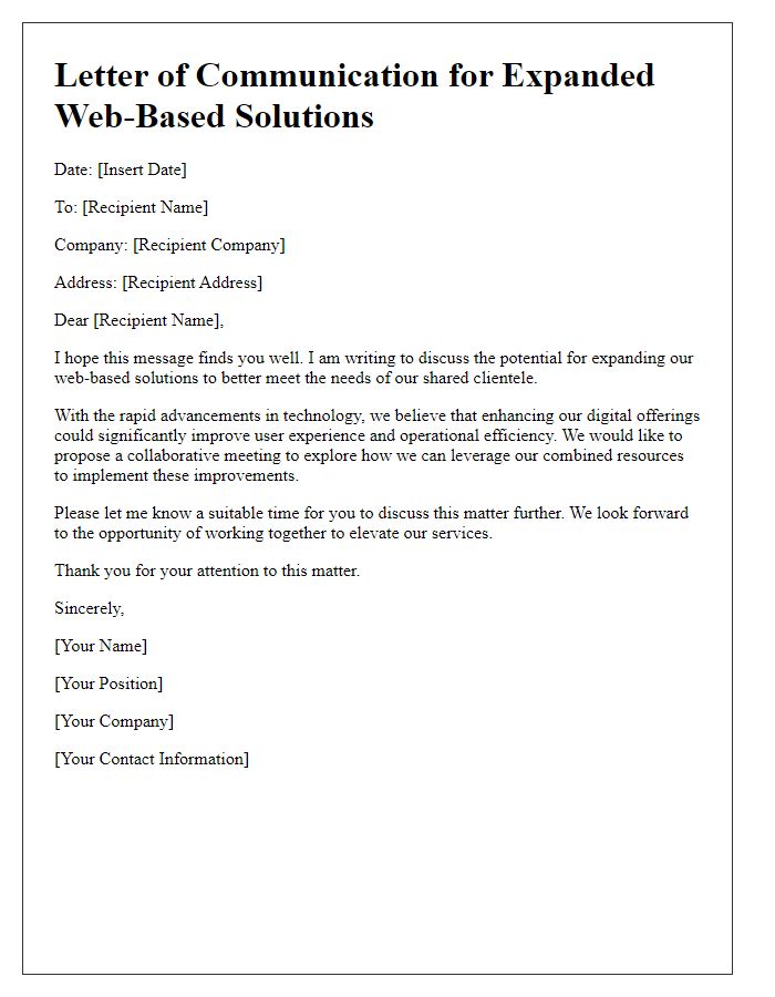 Letter template of communication for expanded web-based solutions