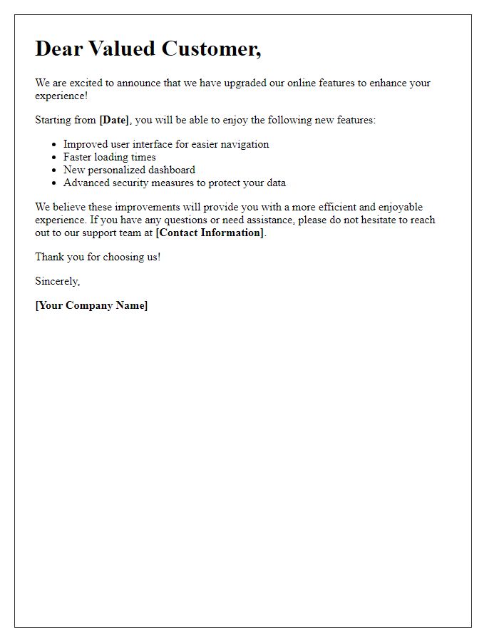 Letter template of notification for upgraded online features