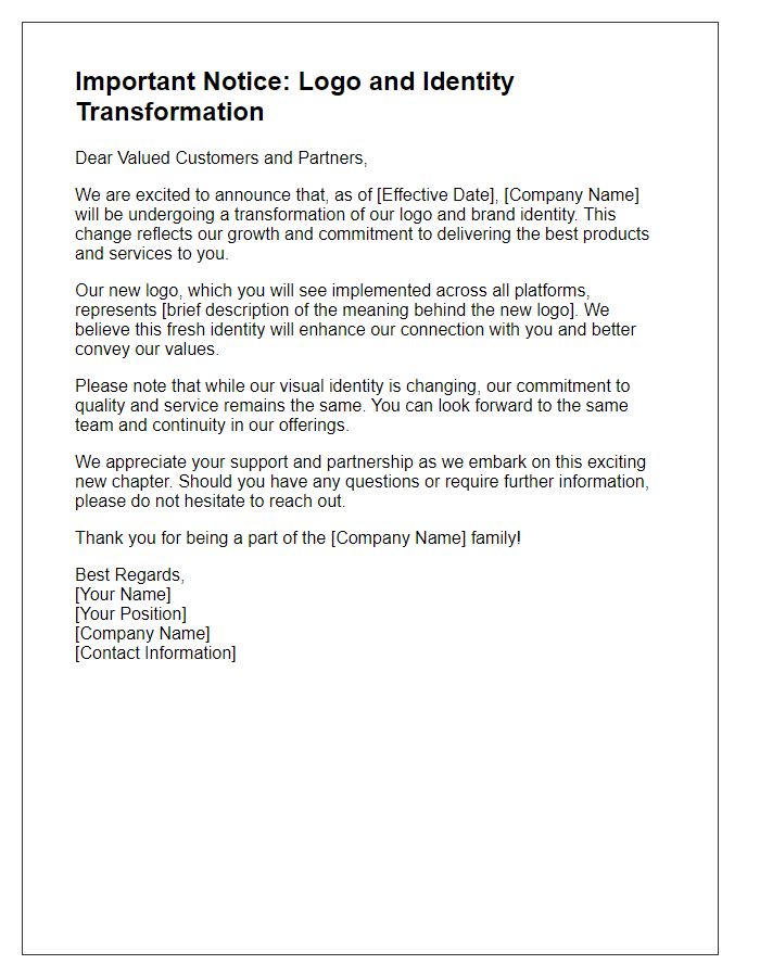 Letter template of logo and identity transformation notice