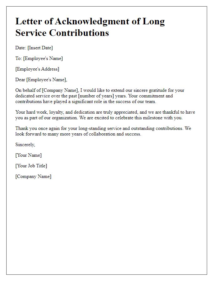 Letter template of Acknowledgment of Long Service Contributions