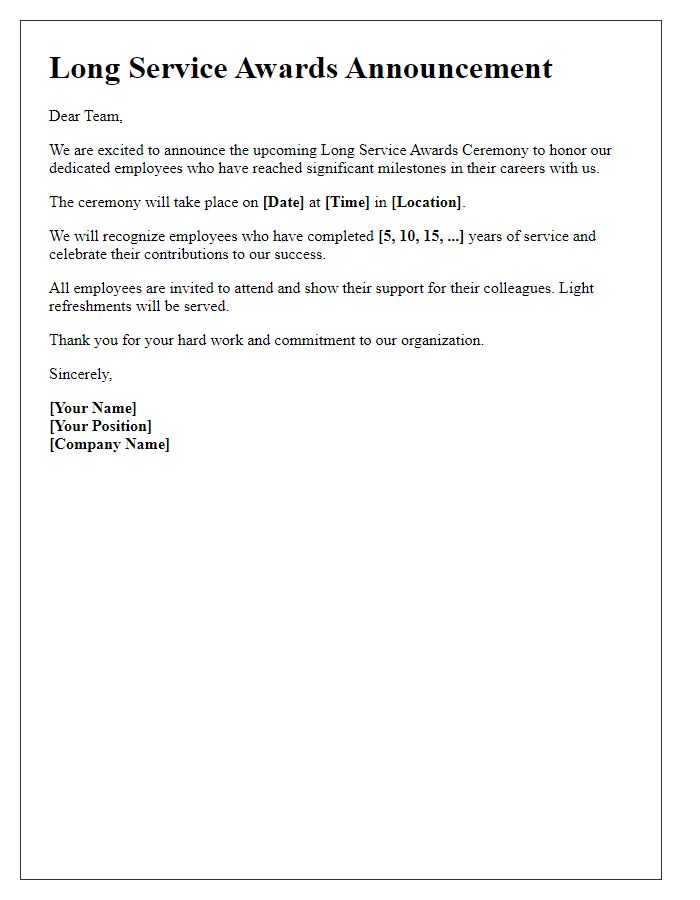 Letter template of Long Service Awards Announcement for Employees