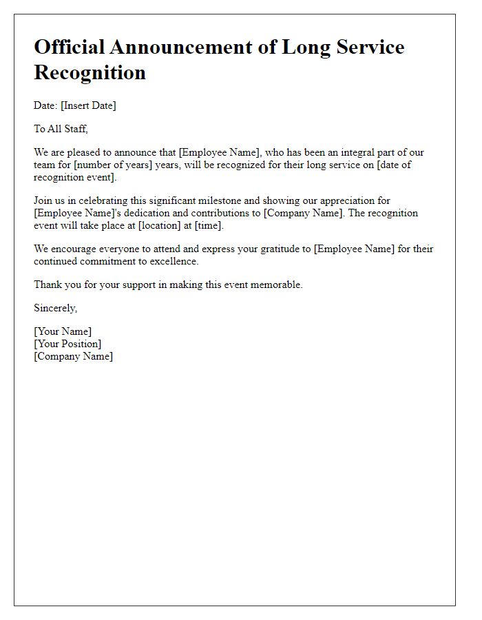 Letter template of Official Announcement of Long Service Recognition