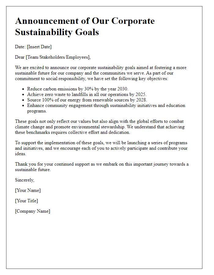 Letter template of corporate sustainability goals announcement