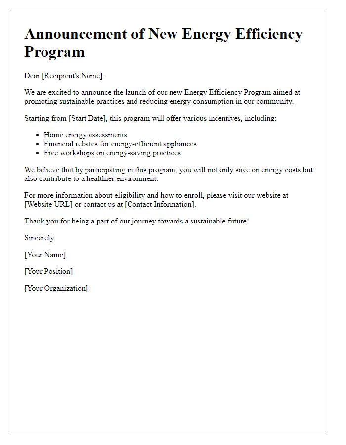 Letter template of energy efficiency program announcement