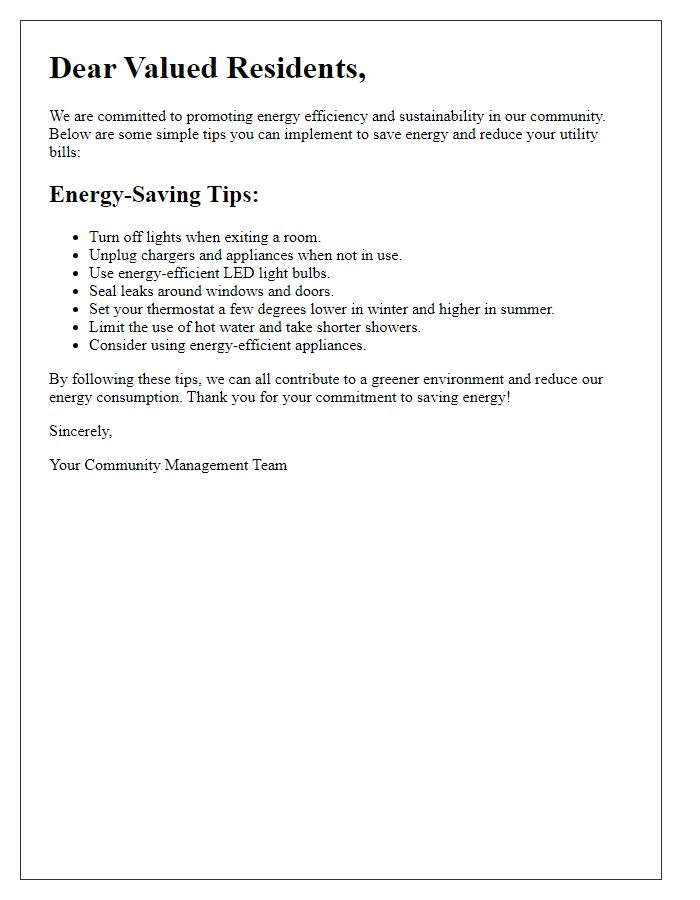 Letter template of energy-saving tips distribution