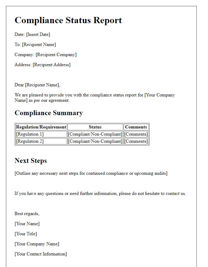 Letter template of compliance status report for industry partners