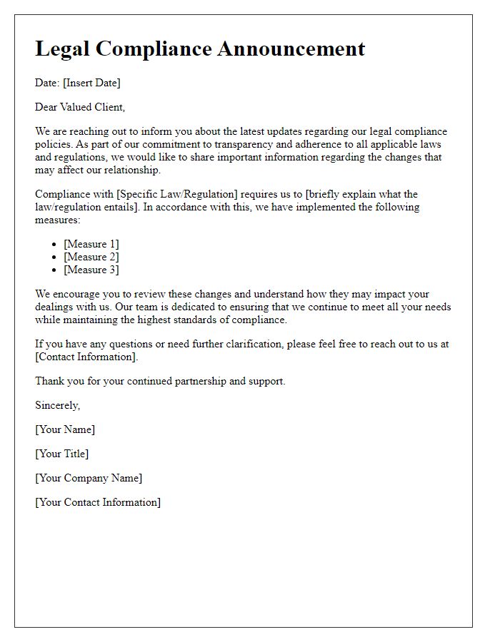 Letter template of legal compliance announcement for clients