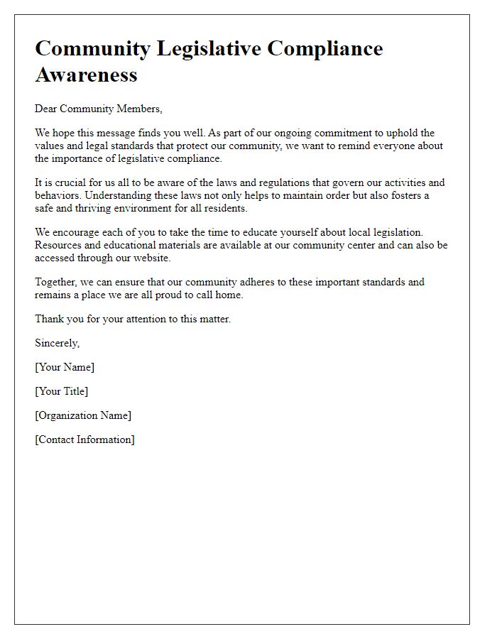 Letter template of legislative compliance awareness message for community